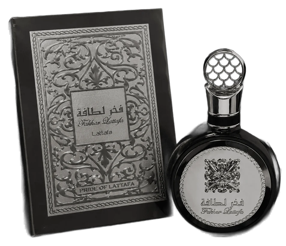 Frasco e embalagem de Fakhar Black no acervo da Cavanyt